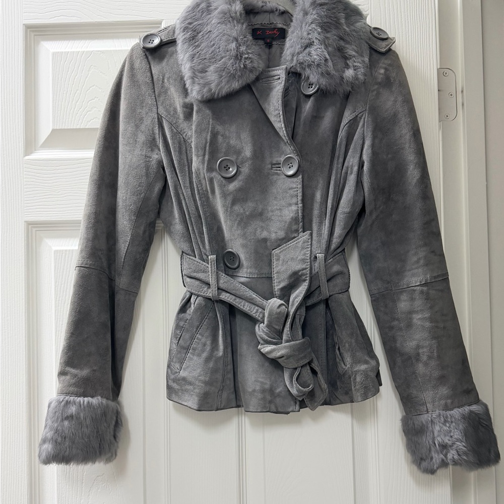 Kensie Gray Faux Fur Trim Trench Coat